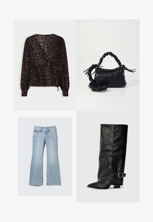 Hedvábná blůza s leopardím vzorem v černé a hnědé barvě, dlouhými rukávy, zavinovacím designem a páskem v oblasti pasu. Texturovaná tkanina s peplum siluetou.; Weekday NOVA - Džíny Slim Fit - lip blue; Černé kožené kotníkové boty až po kotníky s špičatou špičkou, hladkým povrchem a stříbrnou sponou na boku. Masivní čtveritý podpatek.; Černá kabelka z umělé kůže s krokodýlím vzorem, staženým vrškem a zmačkaným popruhem. Zdá se, že má měkký a kompaktní design.
