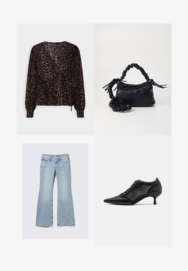 Fekete és barna leopárdmintás blúz hosszú ujjal, átkötős kivitelben, derékra kötőszalaggal. Texturált anyag, peplum sziluettel.; Weekday NOVA - Karcsúsított farmerek - lip blue; Fekete, hegyes orrú cipő, hálós panel tervezéssel, alacsony sarokkal és fűzős elülső résszel. Bőrből és hálós anyagból készült.; Fekete műbőr kézi táska krokodil bőr textúrával, összehúzható tetejű és gyűrt pánttal. Lágy és kompakt dizájnúnak tűnik.