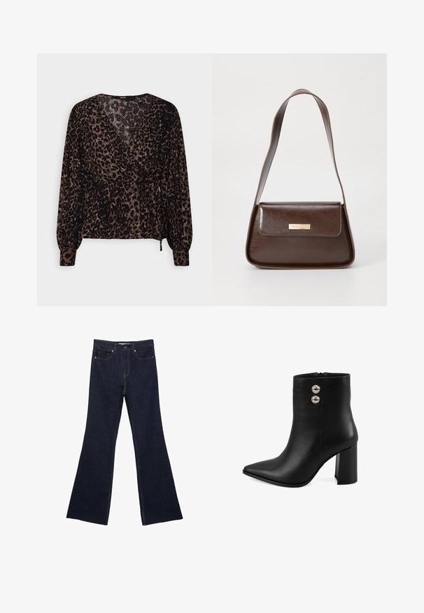 Schwarze und braune Leopardenmuster-Bluse mit langen Ärmeln, einem Wickeldesign und einem Bindegürtel in der Taille. Strukturiertes Gewebe mit einer Peplum-Silhouette.; Dunkelblaue Jeans mit ausgestelltem Bein, ausgestattet mit einem klassischen Fünf-Taschen-Design und sichtbaren Nähten. Der Stoff hat eine glatte Textur mit minimalen Verblassungen.; Schwarze Leder-Ankle-Boots mit spitzem Zehen, Blockabsatz, seitlichem Reißverschluss und zwei dekorativen silbernen Knöpfen an der Außenseite.; Braune Lederschultertasche mit strukturierter Form, ausgestattet mit einem magnetischen Klappenverschluss und einem metallischen Logoakzent auf der Vorderseite.