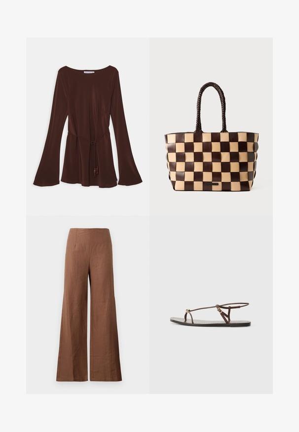 Faithfull the brand PIAN - Tunique - cioccolato; Pantalons larges marron en tissu texturé. Ils présentent une taille haute avec deux plis à l'avant et des jambes droites et fluides.; Sandale en cuir marron avec des fines lanières, un accent circulaire doré et une semelle plate. Design minimaliste avec un détail de boucle réglable.; Sac à main en cuir marron et beige avec un motif en damier tissé et des poignées tressées sur fond blanc.