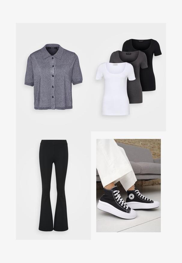 Krátký rukáv, kardigan s límečkem v tmavě šedém pleteném materiálu s mírným leskem. Obsahuje pět černých knoflíků a ribbované detaily na lemu.; Tři přiléhavé trička v bílé, šedé a černé barvě. Každé má široký výstřih a krátké rukávy. Vyrobeno z hladké, pružné tkaniny.; Černé zvonové kalhoty vyrobené z elastického materiálu, s vysokým pasem a hladkou texturou. Kalhoty se rozšiřují od kolene.; Černé vysoké plátěné tenisky s bílými gumovými podrážkami a tkaničkami. Na boku mají kulaté logo a kontrastní bílé švy.