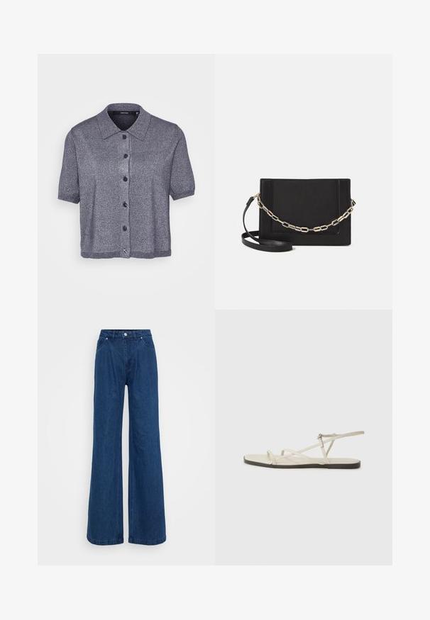 Kardigan kratkih rukava s ovratnikom od tamnogr Gray pletenine s laganim sjajem. Ima pet crnih dugmadi i rebrasti detalj na rubu.; Široke plave traperice s visokim strukom, prednjim dugmetom i patent-zatvaračem, te prednjim i stražnjim džepovima na jednobojnoj pozadini.; Bež sandala na ravnom potplatu s više tankih trakica i podesivom kopčom. Potplat je ravan s blagim tamnim kontrastom na rubu.; Crna kožna torba preko tijela s glatkom teksturom, pravokutnim oblikom i metalnim lancem na prednjoj strani. Uključena je podesiva naramenica.