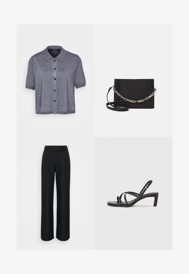 Krátky rukáv, cardigan s golierom v tmavošedej pletenej látke s jemným leskom. Obsahuje päť čiernych gombíkov a detail s rebrovaným lemovaním.; Čierne široké nohavice vyrobené z hladkej tkaniny, s vysokým pásom a decentnými prednými záhybmi; bez viditeľných vzorov alebo kovových prvkov.; Čierne sandále na vysokom podpätku so štvorcovou špičkou a nízkym blokovým podpätkom. Obsahujú viacero tenkých popruhov a nastaviteľný členkový popruh. Vyrobené z hladkej kože.; Čierna kožená crossbody taška s hladkou textúrou, obdĺžnikovým tvarom a kovovým reťazovým detailom na prednej strane. Súčasťou je nastaviteľný popruh.