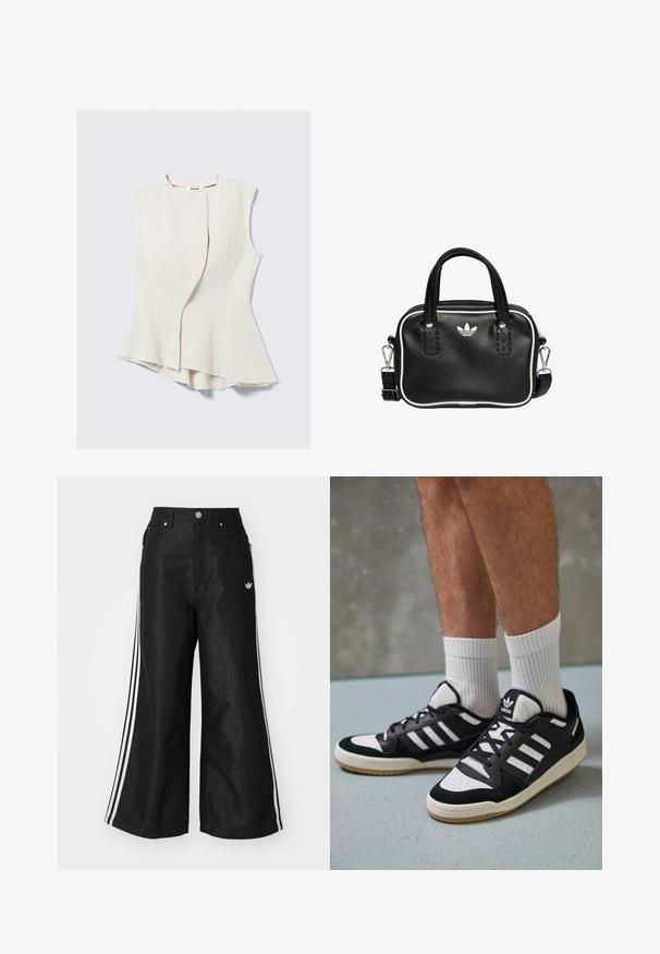 Top beige senza maniche con un design asimmetrico unico e tessuto testurizzato. Presenta una sovrapposizione frontale, bordi grezzi e una leggera lucentezza.; Pantaloni in denim neri a gamba larga con tre strisce bianche su ciascun lato e un piccolo logo bianco. Presentano tasche frontali e chiusura con bottone.; Sneaker bianco e nero con tomaia in suede e pelle, caratterizzati da tre strisce bianche, punta perforata e suola in gomma naturale.; Borsa a mano in pelle nera con due manici corti, hardware argentato, dettagli bianchi e un logo bianco. Presenta una superficie strutturata e un design compatto.