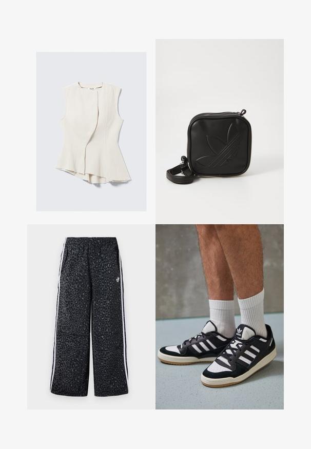 Top beige senza maniche con un design asimmetrico unico e tessuto testurizzato. Presenta una sovrapposizione frontale, bordi grezzi e una leggera lucentezza.; adidas Originals GRAPHIC UNISEX - Pantaloni sportivi - black; Sneaker bianco e nero con tomaia in suede e pelle, caratterizzati da tre strisce bianche, punta perforata e suola in gomma naturale.; Borsa a tracolla nera realizzata in materiale sintetico testurizzato. Presenta un design con logo inciso e una tracolla regolabile. Chiusura con zip.