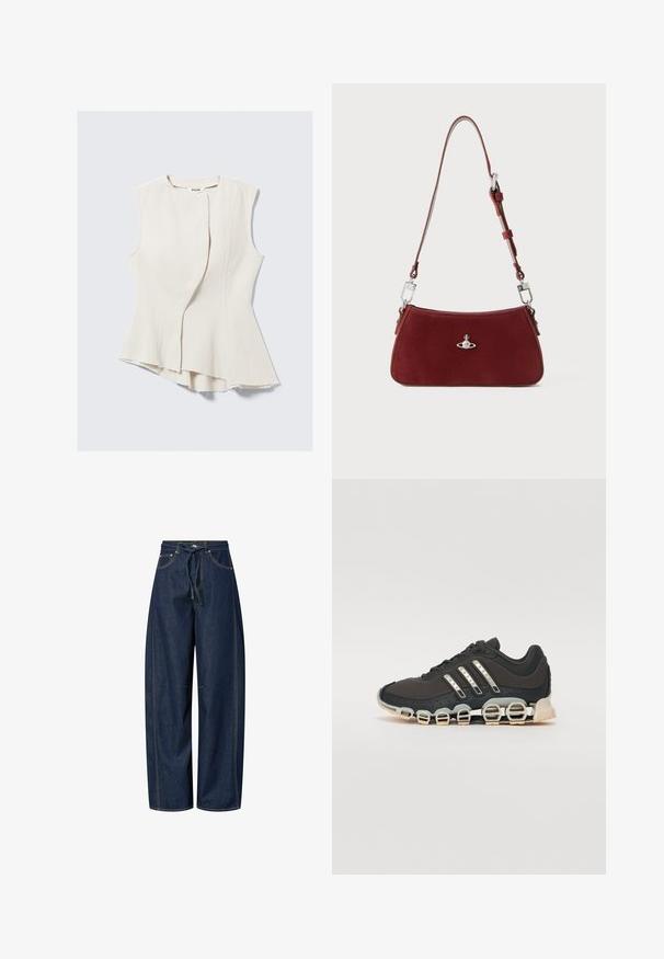 Bez piedurknēm, bēšs tops ar unikālu asimetrisku apakšmalu un teksturētu audumu. Iespējojusies priekšējā pārklājuma dizaina, neapstrādātas malas un viegla spīduma.; Plaši denimi bikses tumši zilā krāsā ar auklas jostu, kontrastējošām šuvēm un divām priekšējām kabatām. Gluda tekstūra, brīva pieguļošana.; Melna sporta apavi ar teksturētu augšdaļu, trim sudraba svītrām un atšķirīgu amortizācijas zoli, kas sastāv no vairākiem integrētiem sekvencēm.; Sarkans zamšs plecu soma ar izliekta formu. Iezīmēta ar sudraba toņa akcentu un regulējamu siksnu ar metāla detaļām. Gluda tekstūra.