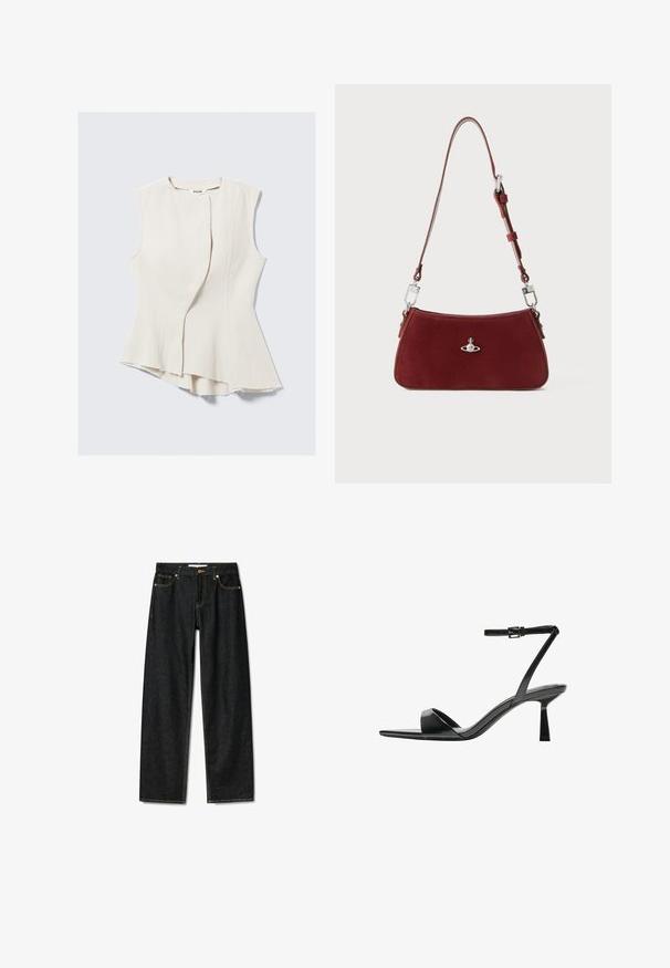 Beżowy top bez rękawów z unikalnym asymetrycznym dołem i teksturowanym materiałem. Posiada projekt z zachodzeniem przodu, surowe krawędzie oraz subtelny połysk.; Ciemnogranatowe dżinsy o prostym kroju, z zamkiem na mosiężny guzik i kontrastującym żółtym przeszyciem. Posiadają pięć kieszeni i klasyczny krój.; Bershka - Sandały na obcasie; Czerwona zamszowa torba na ramię o wyprofilowanym kształcie. Posiada srebrny akcent oraz regulowany pasek z detalami ze stali. Gładka tekstura.