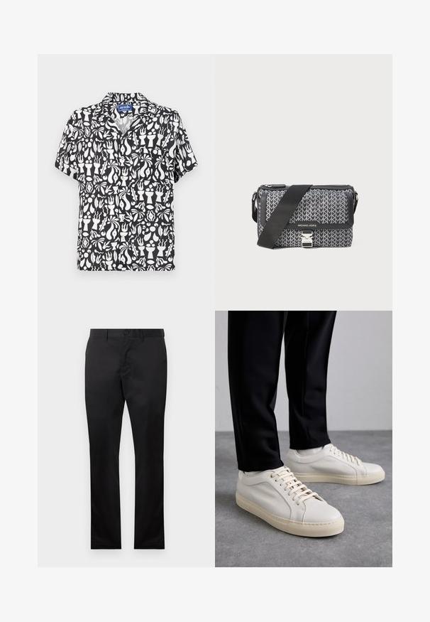 Short-sleeve shirt featuring a black and white abstract pattern with various shapes. Made of lightweight fabric, it has a notched collar and button closure.; Black cotton trousers with a straight leg design, featuring a front button closure and side pockets, smooth texture, no visible patterns.; Light beige leather sneakers with flat laces, a textured surface, and a contrasting cream-colored rubber sole, paired with black tapered pants.; Black and gray patterned crossbody bag featuring a geometric design, zip closure, and a silver-tone hardware accent. Adjustable strap included.