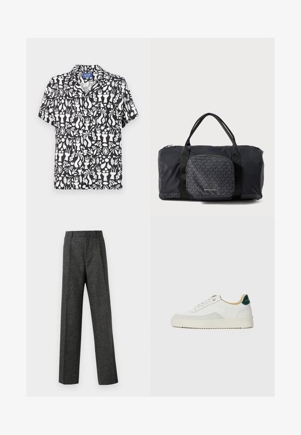 Kortermet skjorte med et svart-hvitt abstrakt mønster med forskjellige former. Laget av lett materiale, har den en krage med utsparing og knapplukking.; Grå skreddersydde bukser laget av teksturert stoff, med to frontpleater og rette ben. Ingen synlige lommer eller dekorasjoner.; Hvit sneakers med semsket detaljer, rund tå, flate snøringer og en kremfarget gummisåle. Har grønn merking på hælen.; Svart Michael Kors duffel-veske med dobbelthåndtak, frontlomme med glidelås som har gjentatte MK-logoer og Michael Kors-merke.