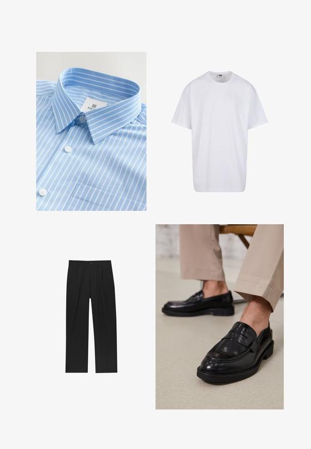 Camicia leggera azzurra con strisce verticali bianche, chiusura a bottoni, colletto appuntito e taschino singolo sul petto. Il tessuto sembra liscio.; Maglietta bianca in cotone con maniche corte, scollatura rotonda, vestibilità comoda e senza loghi o motivi visibili. Texture liscia e design minimale.; Pantaloni neri con un design a gamba dritta, realizzati in un tessuto liscio. Presentano pieghe frontali e una chiusura a un bottone in vita.; Mocassini in pelle nera con finitura liscia, dotati di una cintura decorativa e cuciture a contrasto, abbinati a pantaloni beige.