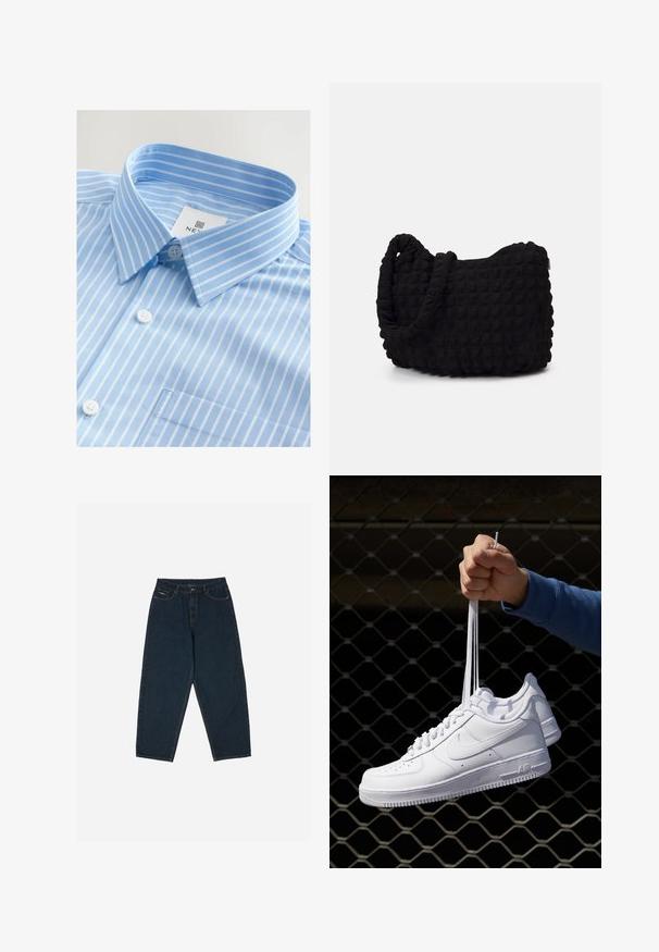 Hellblaues Hemd mit weißen vertikalen Streifen, Knopfleiste, spitzem Kragen und einer Brusttasche. Der Stoff wirkt glatt.; Dunkelblaue, hochgeschnittene Jeans mit lockerer Passform, ausgestattet mit fünf Taschen und einem Knopfverschluss. Hergestellt aus Denim mit glatter Textur.; Weiße Leder-Sneaker mit Perforationen, runder Zehenpartie, flacher Sohle und dicken Schnürsenkeln, mit sichtbar eingesticktem Swoosh-Logo und "AIR" an der Ferse.; Schwarze Stofftasche mit einer strukturierten, gesteppten Oberfläche. Abgerundete Form, kurze, dicke Griffe und eine weiche, flexible Struktur.