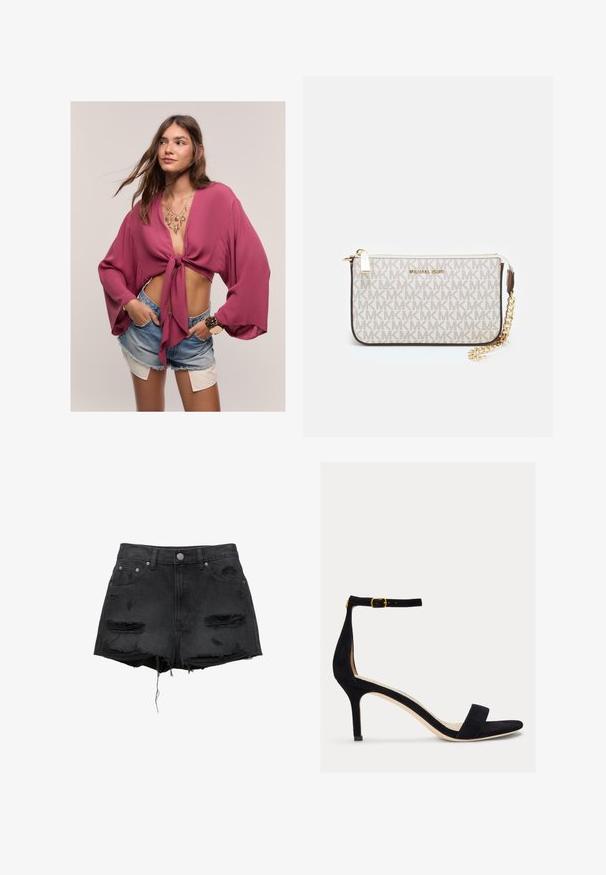 Bordo oblačena bluzica s prednjim vezanjem, širokim rukavima in mehko teksturo, v kombinaciji s jeans kratkimi hlačami in slojevito zlatimi nakitom.; Črne jeans kratke hlače z robovi, ki se razprostirajo, z učinki obrabe, z zapiranjem na gumb spredaj in petimi žepi. Klasična visoka pasna oblika.; Lauren Ralph Lauren ALLIE MID HEEL SUEDE SANDAL - Sandali - black; Michael Kors denarnica v bež lakiranem platnu z mišičnim vzorcem ponavljajočega se logotipa MK, z zlatim okovjem in snemljivo verižico.