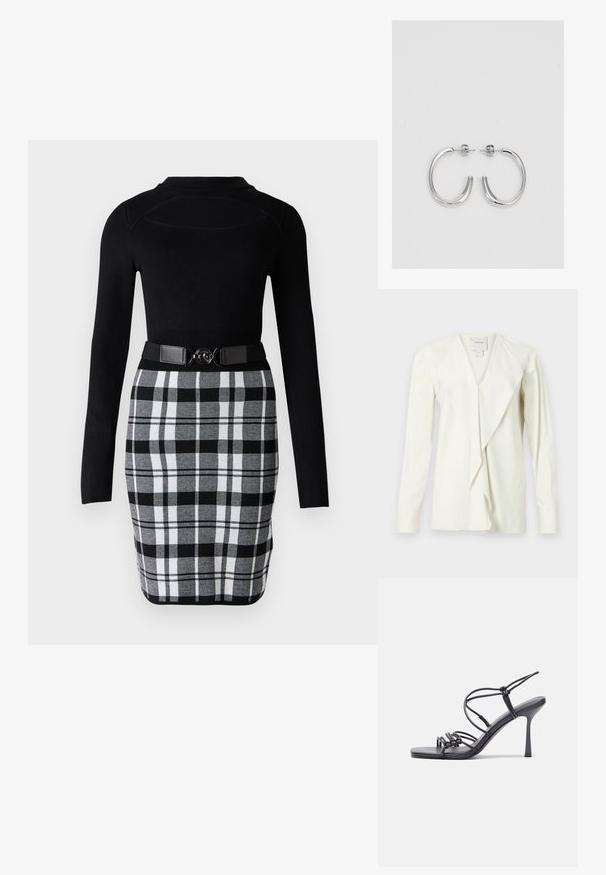 Bijela bluzica dugih rukava s V-izrezom, koja ima drapirani prednji dio i prilagođene rukave. Glatka tkanina s suptilnim sjajem, krojena dizajna.; Crna majica dugih rukava uskog kroja, uparena s crno-bijelom olovka suknjom na kockice s remenom koji ima okrugli metalni ukras.; Crne sandale na visokoj potpetici imaju tanke trake s čvorastim dizajnom, glatki kvadratni vrh i elegantnu stiletto petu.; Svijetlosivi metalik ruksač s lancem, ukrašen malim okruglim metalnim zakovicama i trokutastim logotipom marke.; Srebrne naušnice u obliku obruča sa glatkom, sjajnom površinom, zakrivljenog oblika i zatvaranjem na čep. Minimalistički dizajn s modernim završetkom.