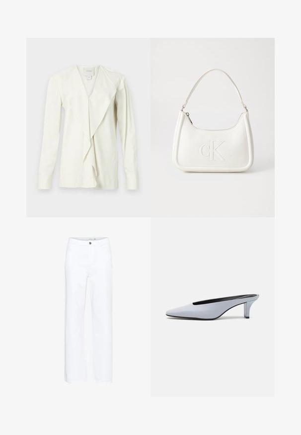 Bijela bluzica dugih rukava s V-izrezom, koja ima drapirani prednji dio i prilagođene rukave. Glatka tkanina s suptilnim sjajem, krojena dizajna.; Bijele traperice širokih nogavica. Imaju zatvaranje na dugme i tradicionalni dizajn s pet džepova. Glatka tekstura s čistim završetkom.; Tamnoplava lakirana mule cipela s oštrim nosom, niskim prozirnim potpeticama i elegantnim dizajnom s izrezom na gornjem dijelu.; Bijela kožna torba s zakrivljenim oblikom, koja na prednjoj strani ima utisnut logotip "CK" i jedan remen za nošenje preko ramena. Zatvaranje na munju na vrhu.