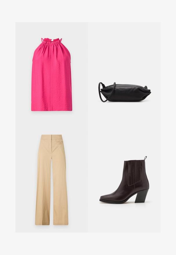 Rosa halterneck topp med rynket halslinje og justerbare stropper. Glatt tekstur med en avslappet passform, uten mønstre eller dekorasjoner.; Beige vidje bukser laget av bomullsblandingsmateriale. Har en jevn tekstur, elastisk midjebånd og en sideknappdetalj.; Mørkebrun lær ankelstøvle med spiss tå, vertikal ribbestruktur på siden og en middels høy blokkhæl.; Svart lær clutchveske med rektangulær form, glatt tekstur, tynn skulderstropp og minimalistisk design.