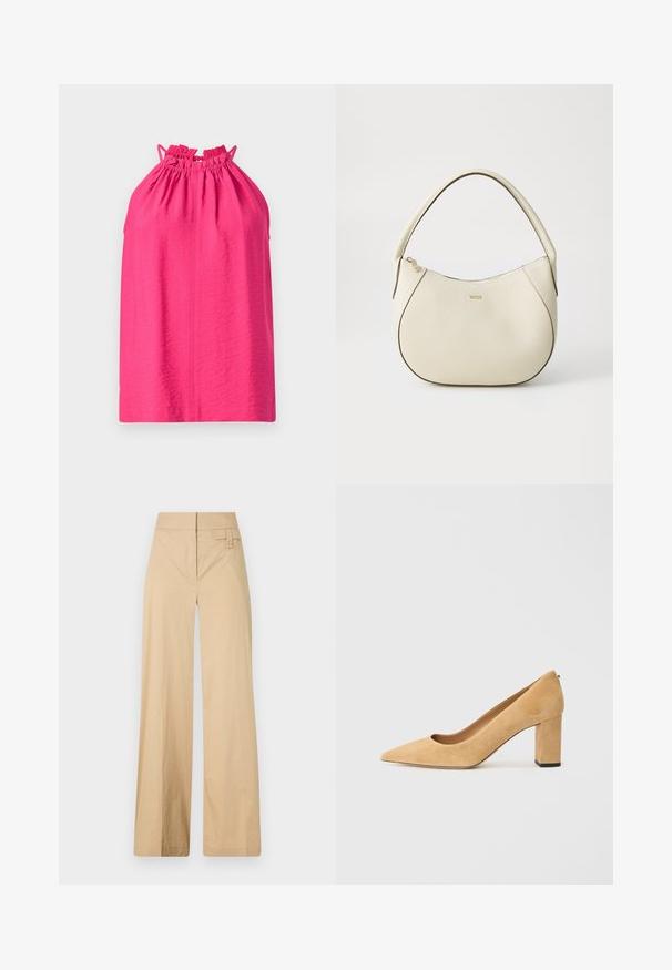 Rúžová halter top s naťahovacím výstrihom a nastaviteľnými ramienkami. Hladká textúra s voľným strihom, bez vzorov alebo doplnkov.; Bežové nohavice so širokými nohavicami vyrobené z kombinácie bavlny. Majú hladkú textúru, elastický pás a detail s bočnými gombíkmi.; Béžové semišové lodičky na vysokom podpätku s špicatou špičkou a robustným blokovým podpätkom. Materiál má jemnú textúru s hladkým povrchom.; Krémová kabelka s textúrovaným povrchom, zakriveným tvarom, krátkym uchom a detailom loga v zlatom tóne. Zapínanie na zips na vrchu.