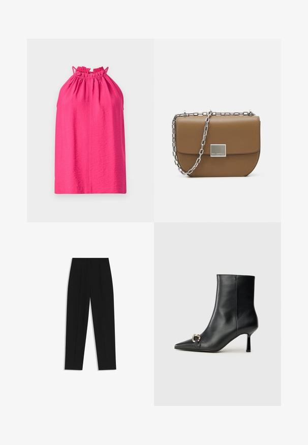 Top rosa a collo halter con scollatura arricciata e spalline regolabili. Texture liscia con vestibilità comoda, privo di motivi o decorazioni.; Pantaloni neri a taglio dritto, con doppie pieghe, una texture liscia e un design classico in vita. Nessun hardware o dettaglio visibile.; Stivale alla caviglia in pelle nera con punta affusolata, tacco sottile di media altezza e dettaglio in fibbia argentata sul lato, su sfondo semplice.; Borsa a tracolla in pelle marrone con forma curva, tracolla in catena argentata e dettaglio della chiusura quadrata in metallo sul davanti.