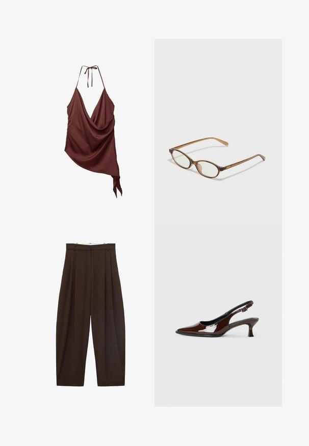 Bordeaux draped mouwloos topje met een diepe V-hals, halterstrikbanden en asymmetrische zoomdetails. Glad, zacht stoffen textuur.; Bruine high-waisted broek met plooien, gemaakt van soepel materiaal. Loose fit, rechte pijpen, met riemlussen en een ritsluiting.; Bruine gepatineerde leren slingback-schoen met een spitse neus en een gematigd hakje. Voorzien van een gespsluiting voor een veilige pasvorm. Glad van textuur.; Bruine schildpadbril met ovale lenzen, dunne armen en transparante accenten. Heeft een subtiele logo op de tempel. Strak, lichtgewicht ontwerp.; Bruine synthetische handtas met een gebogen handvat en een gladde textuur. Inclusief een bijpassende kleine tas met rits. Minimalistisch ontwerp.