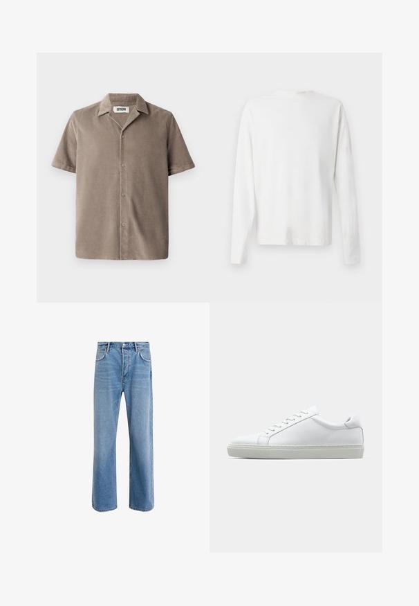 Korte mouwen overhemd in lichtbruin corduroy, met een geknopte kraag, knoopsluiting aan de voorkant en een relaxte pasvorm met subtiele textuur.; Witte katoenen blouse met lange mouwen en een ronde halslijn, met zijsplitten aan de onderkant en een gladde textuur, vanuit de achterkant weergegeven.; Lichtblauwe denim jeans met een straight-leg ontwerp, vijf zakken, knoopsluiting, minimale vervaging en contrasterende stikseldetails.; Witte sneaker met een gladlederen bovenwerk en een laag profiel. Voorzien van een ronde neus, zes vetergaatjes en een gestructureerde rubberen zool.