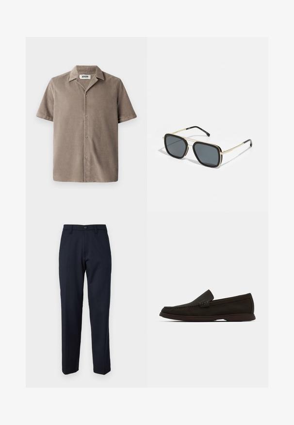 Camicia a maniche corte in corda marrone chiaro, con colletto a punte, chiusura frontale con bottoni e una vestibilità rilassata con una sottile texture.; Pantaloni blu navy realizzati in un tessuto liscio, con bottone frontale, design a gamba dritta e tasche laterali. Nessun motivo o decorazione visibile.; Mocassini slip-on in suede marrone scuro con punta cucita, suola in gomma a profilo basso e dettagli texturizzati sulla parte superiore.; Occhiali da sole neri e oro con forma quadrata, montatura metallica, lenti grigio scuro e punte delle aste nere. Presentano un design a doppio ponte.