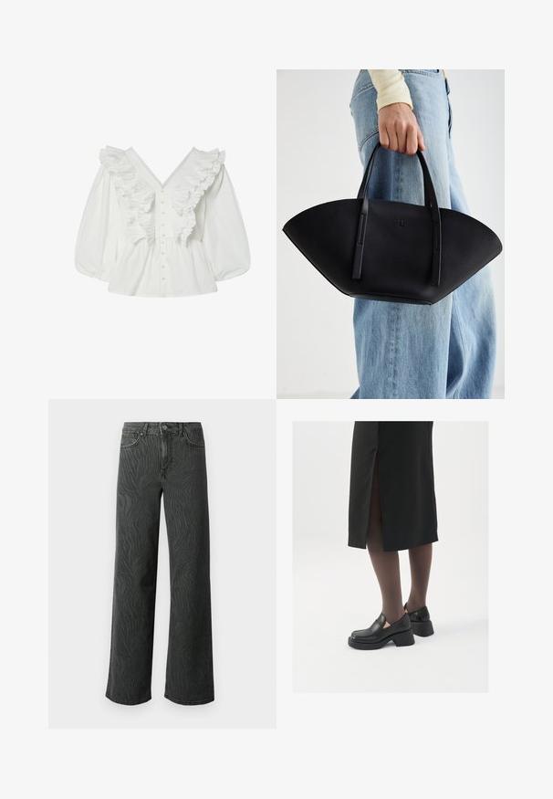 Hvid bluse med dyb V-udskæring, puffede ærmer og volangdetaljer foran. Fremstillet af bomuld med knaplukning og teksturerede accenter.; Bredde ben jeans i mørkegrå denim med en subtil zebra-mønster tekstur, kontrastsyninger og fem lomme design med en knap zip.; Sorte lædersko med rund tå, kraftig blokhæl og elastiske sideaccentuer, parret med mørke strømpebukser og en sort nederdel med slids.; Sort læderhåndtaske med en unik vifteform, der har flade håndtag. Overfladen har en pebblelignende tekstur og et minimalistisk design.