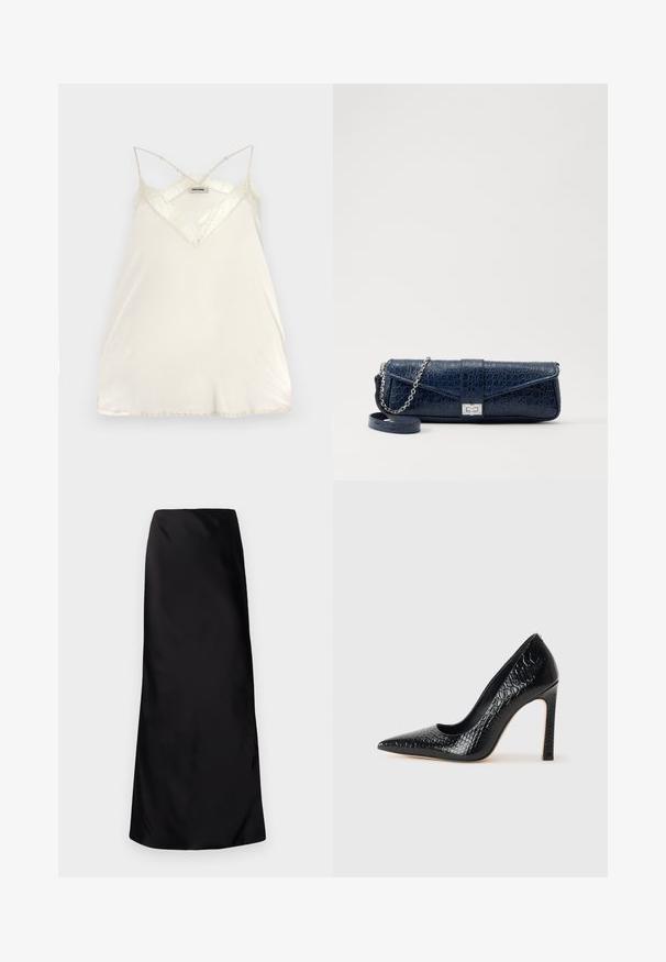 Light cream camisole with adjustable spaghetti straps, V-neck design, and lace accents at the neckline and hem for added detail.; Norma Kamali BIAS OBIE SKIRT - Maxi skirt - black; Black pointed-toe high heel shoe with a crocodile-skin texture, featuring a sleek design, high stiletto heel, and smooth black interior.; Navy blue leather clutch with a crocodile texture, silver chain strap, and metallic clasp. Rectangular shape with foldover design.