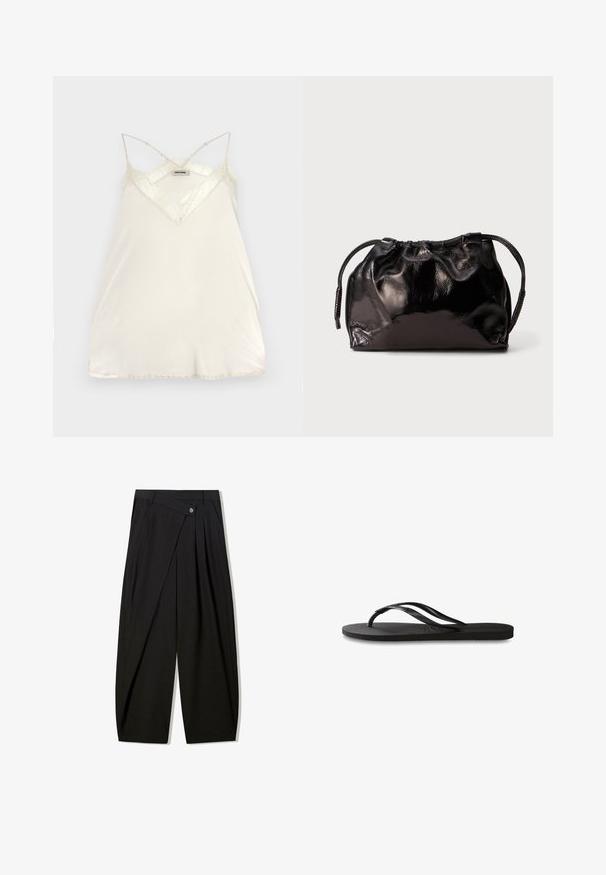 Light cream camisole with adjustable spaghetti straps, V-neck design, and lace accents at the neckline and hem for added detail.; Two basic tank tops in black and white, made of a smooth, stretch fabric. Features thin straps and a simple, fitted design.; Black wide-leg trousers crafted from smooth fabric, featuring front pleats, a button closure, and a tailored design for a structured silhouette.; Black flip-flop featuring a textured rubber sole, two slender straps, and a subtle, embossed logo detail on the strap.; Small black glossy leather drawstring pouch with short handles on a light gray background.