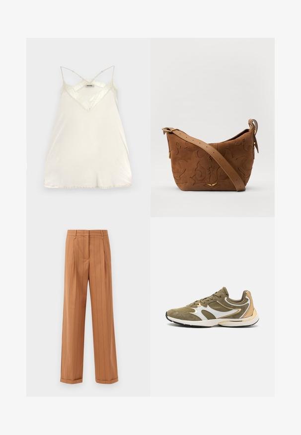 Ljus krämfärgad linne med justerbara spaghettiband, V-ringning och spetsdetaljer vid halsringningen och fållen för extra stil.; Bruna pinstripade byxor med en skräddarsydd design, som har veck, rak passform och uppvikta benslut. Tillverkade av ett mjukt tyg.; Olivgröna träningsskor med en överdel av mocka och glänsande syntetmaterial, utrustade med vita detaljer och guldfärgad hårdvara, samt en strukturerad svart sula.; Brun mocka axelväska med präglande blommönster, kompletterad med ett slätt brunt läderhandtag och akcenter i guldton.