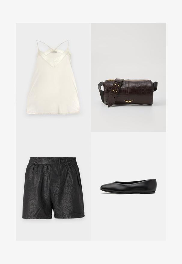 Camiseta de crema clara con tirantes ajustables, diseño de escote en V y acentos de encaje en el escote y el dobladillo para un detalle añadido.; Pantalones cortos negros hechos de un material arrugado, con una cintura elástica y dos botones, de corte hasta la rodilla y textura suave.; Paul Smith TOPANGA - Bailarinas - black; Bolso de cuero marrón con estampado de cocodrilo, de forma cilíndrica, con herrajes en tono dorado y una correa desmontable con tachuelas.