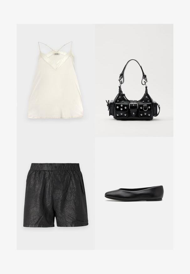 Lichtcrème camisole met verstelbare spaghettibandjes, V-halsontwerp en kantaccenten bij de halslijn en zoom voor extra detail.; Zwarte shorts van gekreukt materiaal, met een elastische tailleband met twee knopen, knielange snit en een gladde textuur.; Paul Smith TOPANGA - Ballerina's - black; Zwarte lederen handtas met een gebogen ontwerp, voorzien van zilveren studs, een gesp en twee zijvakken. Verstelbare schouderband voor verschillende draagmogelijkheden.
