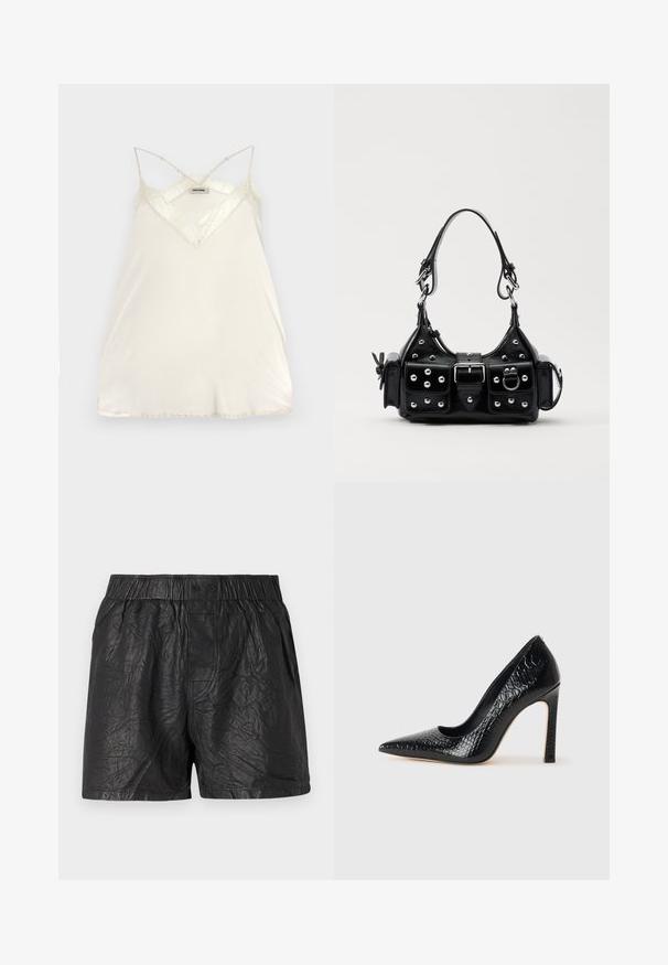 Light cream camisole with adjustable spaghetti straps, V-neck design, and lace accents at the neckline and hem for added detail.; Black shorts made from crinkled material, featuring an elastic waistband with two buttons, knee-length cut, and smooth texture.; Black pointed-toe high heel shoe with a crocodile-skin texture, featuring a sleek design, high stiletto heel, and smooth black interior.; Black leather handbag with a curved design, featuring silver studs, a buckle, and two side pockets. Adjustable strap for carrying options.
