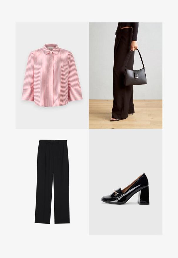 Rød og hvit stripete skjorte med krage og tre fjerdedels ermer, laget av sprøtt bomullsstoff og i en avslappet passform.; Sorte bukser med rette ben, som har to frontlommer og en talje. Laget av et glatt, lett stoff.; Sorte lakkert høyhælte sko med spiss tå og blokkhelt. Har en dekorativ stropp og spenne detajler på vampen.; Svart håndveske med strukturert form, jevn tekstur og metallisk lås. Kombinert med brede svarte bukser og sandaler med åpen tå på tregulv.
