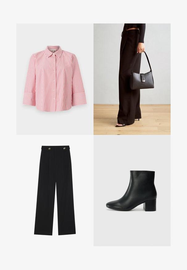 Röd och vit randig skjorta med krage och trekvartsärmar, tillverkad av ett fräscht bomullstyg och har en avslappnad passform.; Svarta vida byxor med hög midja, knäppdetaljer i midjan och framfickor.; Svarta läderankelstövlar med spetsig tå och kraftig klack. Slät textur med minimala accenter och en stilren, åtsittande design.; Svart handväska med strukturerad form, slät yta och metallspänne. Matchad med vida svarta byxor och sandaler med öppen tå på trägolv.