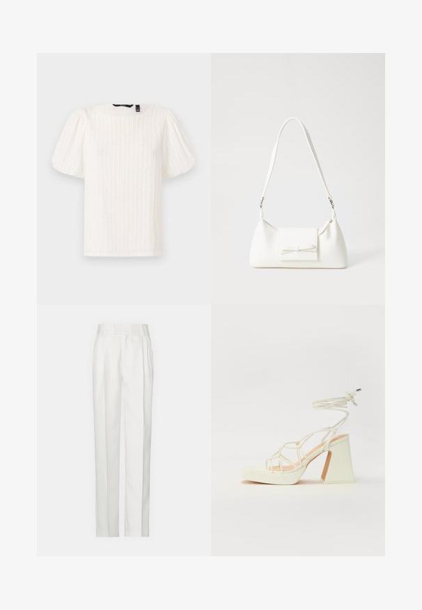 White puff-sleeve top with textured vertical stripes, round neckline, and soft fabric; features relaxed fit and subtle sheen texture.; White pinstriped trousers with a straight leg design, made from a lightweight fabric. Features pleats at the front and a traditional waistband.; White high-heeled sandal with a chunky heel, featuring a strappy design and ankle tie. Smooth texture with a platform front for added height.; White synthetic handbag with a triangular shape, flat front flap and bow detail, adjustable strap, smooth texture, and minimalistic design.