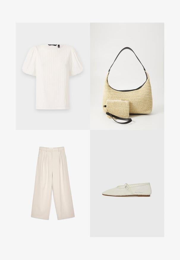 Witte top met pofmouwen, voorzien van getextureerde verticale strepen, ronde halslijn en zachte stof; heeft een relaxte pasvorm en een subtiele glanzende textuur.; Beige wijde pantalon met plooien, met een gladde textuur en riemlussen. Tailored pasvorm, biedt een losse fit rond de benen.; Crème-kleurige mesh balletschoen met een spitse neus en verstelbare band. Heeft een textuur bovenkant en een platte, brown zool.; Geweven strohandtas met een gebogen silhouet, voorzien van een soepele zwarte leren schouderband en een bijpassend klein zakje dat is bevestigd met een polsband.