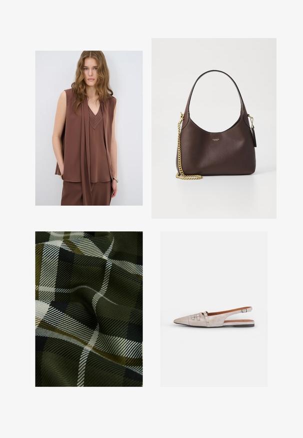 Brązowa bezrękawnik z dekoltem w kształcie litery V, z drapowanym fasonem i przeszytymi detalami przy dekolcie. Miękka, zwiewna tekstura materiału.; Tkanina w kratę w odcieniach ciemnej zieleni, czerni i bieli. Tekstura jest gładka z miękkim, wzorzystym wykończeniem.; Jasno beżowy but typu slingback z ostrym noskiem, wykonany z miękkiego zamszu, z dwoma dekoracyjnymi klamrami i niskim, płaskim obcasem.; COACH BROOKLYN ciemnobrązowy