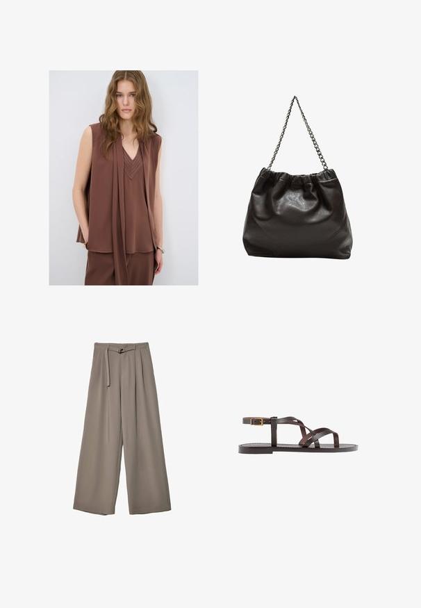 Blusa marrone senza maniche con scollatura a V, caratterizzata da un design drappeggiato e dettagli cuciti sul collo. Tessuto morbido e fluido.; Pantaloni a gamba larga in un morbido tessuto grigio tenue, con vita con cintura e pieghe per un tocco di design aggiuntivo. Texture liscia, senza motivi.; Sandal in pelle marrone con cinturini incrociati, chiusura con cinturino alla caviglia e suola piatta con dettagli di cucitura minimi.; Borsa in pelle marrone con parte superiore arricciata e tracolla a catena. Texture liscia con finitura lucida e dettagli di cucitura sottili sui lati.