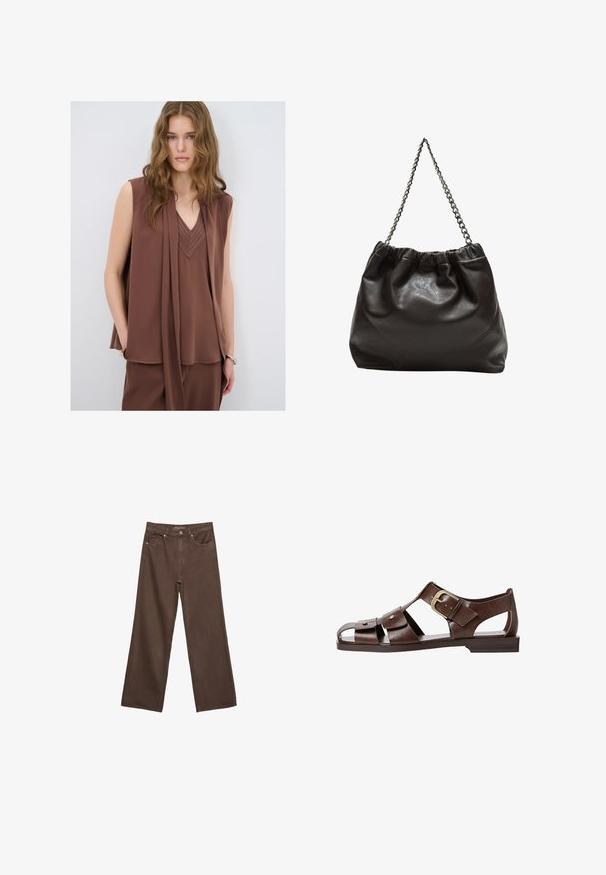 Ruskea hihaton paita, jossa on V-pääntie, drapeerattu muotoilu ja ommellut yksityiskohdat pääntiellä. Pehmeä, virtaava kankaan rakenne.; Leviittävät ruskeat farkut, jotka on valmistettu denimistä, korkea vyötärö, etutaskut ja klassinen nappikiinnitys. Silkkinen pinta hienovaraisella ompelutyöllä.; Ruske nahkale sandale s izrezanim dizajnom, prilagodljivo sponko na strani in ravnim podplatom, z metalnimi detajli in odprtimi prsti.; Ruskea nahkainen laukku, jossa on kerätty yläosa ja ketjuhihna. Tasainen pinta, jossa kiiltävä viimeistely ja hienovaraiset sauman yksityiskohdat sivuilla.