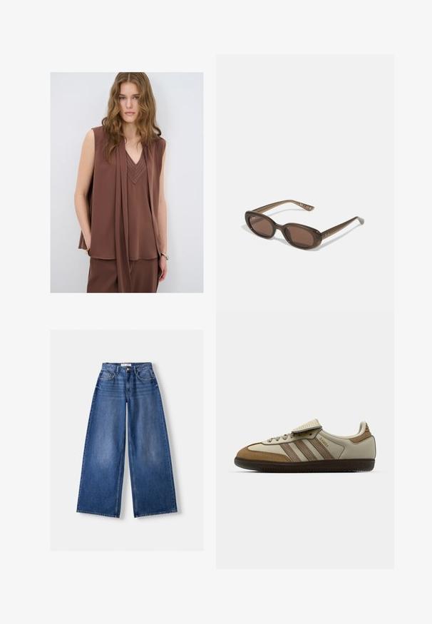 Braune ärmellose Bluse mit V-Ausschnitt, die ein drapiertes Design und gestickte Details am Ausschnitt aufweist. Weicher, fließender Stoff.; Bershka WIDE-LEG - Wide Leg - dark blue; Braune und cremefarbene Sportschuhe mit drei beigefarbenen Streifen, aus Wildleder und Leder gefertigt, Schnürdesign und Gummisohle. Textlogo an der Seite.; Braune ovale Sonnenbrillen mit dunklen Gläsern. Das Gestell besteht aus einem transparenten braunen Material und hat ein auf den Bügeln aufgedrucktes Logo.; Braune Wildleder-Shopper-Tasche mit zwei Schulterriemen, großzügiger rechteckiger Form und minimalistischem Design. Weiche Textur mit glatter Oberfläche.