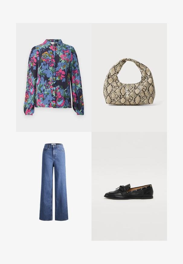 Bluză florală de culoare albastră, cu modele vibrante de roz, verde și galben. Mâneci lungi și un decolteu cu nasturi. Textură a materialului moale.; Jeans din denim de culoare albastră deschisă, cu croială largă și talie înaltă, prevăzuți cu două buzunare frontale și cusături vizibile. Au închidere cu nasture și fermoar.; Mocasini din piele neagră cu fundiță legată, având accente aurii sub formă de ochiuri pe laterale și o talpă plată din cauciuc. Textură netedă, design clasic.; Geantă cu imprimeu de șarpe, având un mâner curbat. Fabricată din materiale texturate, bej și maronii, cu un model distinctiv în formă de diamant.