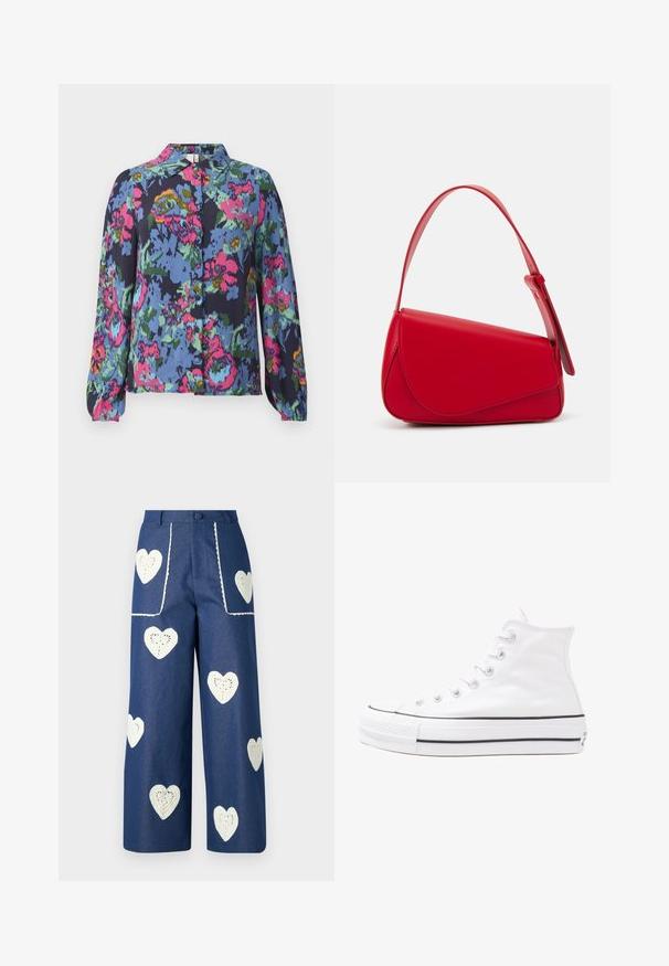 Žydra gėlėta palaidinė, puikuojanti ryškiai rožiniais, žaliais ir geltonais raštais. Ilgos rankovės ir priekyje mygtukais užsegama, su apykakle. Minkšta audinio tekstūra.; Sister Jane HEART TO HEART - Tiesaus kirpimo džinsai - blue denim; Balti aukštakulniai drobės sportbačiai su juodu guminio pado, priekinio guminio piršto dangteliu ir šešiais akytėmis raištams, pasižymintys švariu, minimalistiniu dizainu.; Raudona odinė rankinė su kampuota, geometrine forma. Pasižymi viena reguliuojama dirželiu ir dangteliu su siuvinėtais dekoracijomis.