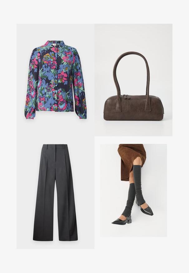 Kék virágmintás blúz, élénk rózsaszín, zöld és sárga mintákkal. Hosszú ujjú és gombos eleje gallérral. Puha szövetanyag.; Széles szárú nadrág sötétszürke anyagból, magas derekú, egyes redőkkel, sima textúrával és tiszta befejezéssel a szegélyeken.; Fekete lakk bőrből készült, hegyes orrú cipők, tömbsarkúakkal és bokapánttal, szürke bordás lábszármelegítőkkel és barna velúr szoknyával párosítva.; Barna bőrtáska, két masszív fogantyúval, téglalap alakú, sima felülettel és cipzáras záródással. Minimalista dizájn, látható minták nélkül.