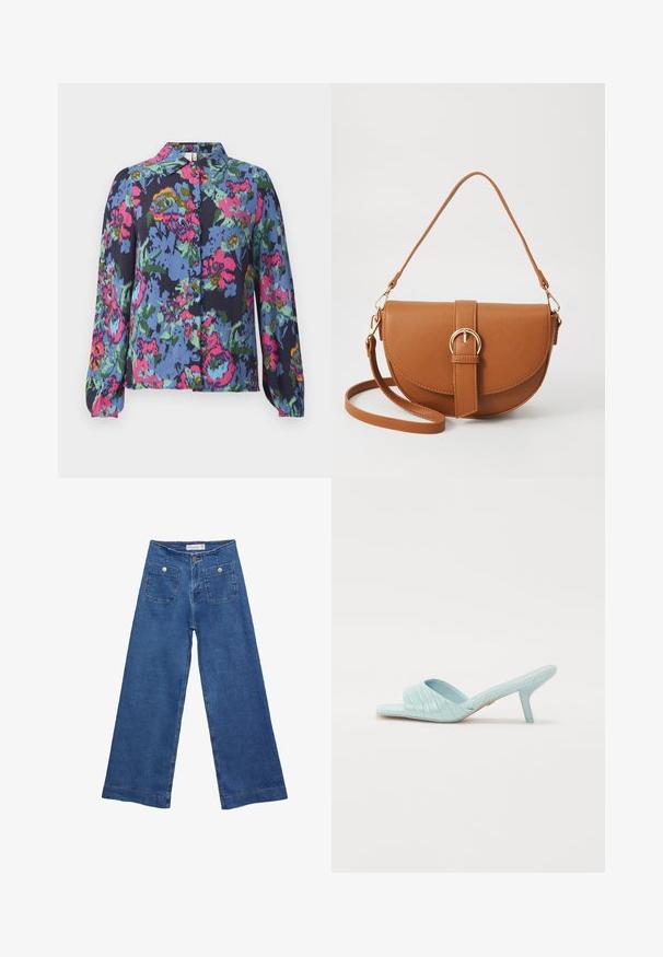 Květinová blůza v modré barvě, se živými vzory v růžové, zelené a žluté. Dlouhé rukávy a zapínání na knoflíky s límcem. Měkký textilní povrch.; Džínové kalhoty širokého střihu s středně modrým omakem, dvěma předními kapsami se zapínáním na knoflíky a prošíváním podél lemů.; Světlomodré hezké klouzavé sandály s podpatkem, které mají krokodýlí texturu, otevřenou špičku a štíhlý stiletto podpatek. Hladký lesklý povrch bez ozdob.; Hnědá kožená křížová taška s zakřiveným tvarem, zlatými detaily a akcentem s přezkou. Obsahuje odnímatelný popruh na rameno.