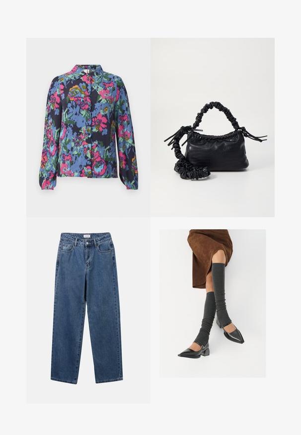 Kukkamekko sinisessä värissä, jossa on kirkkaat vaaleanpunaiset, vihreät ja keltaiset kuviot. Pitkät hihat ja napitettava etuosa, jossa on kaulus. Pehmeä kangastuntuma.; Classiset siniset farkut suoran lahkeen muotoilulla, viidellä taskulla ja napillakaan. Ominaisuudet: keskivahva pesu ja kestävä rakenne.; Musta lakattu nahkakengät teräväkärkisillä, leveällä kantapäällä ja nilkkahihnalla, yhdistettynä harmaisiin ribattuihin säärystimiin ja ruskeaan mokkasiinimekkoon.; Must-have mustekahvi nahkalaukku krokotiiliaistalla, kiristetty yläosa ja rypistetty hihna. Näyttää pehmeältä ja kompaktilta muotoilultaan.