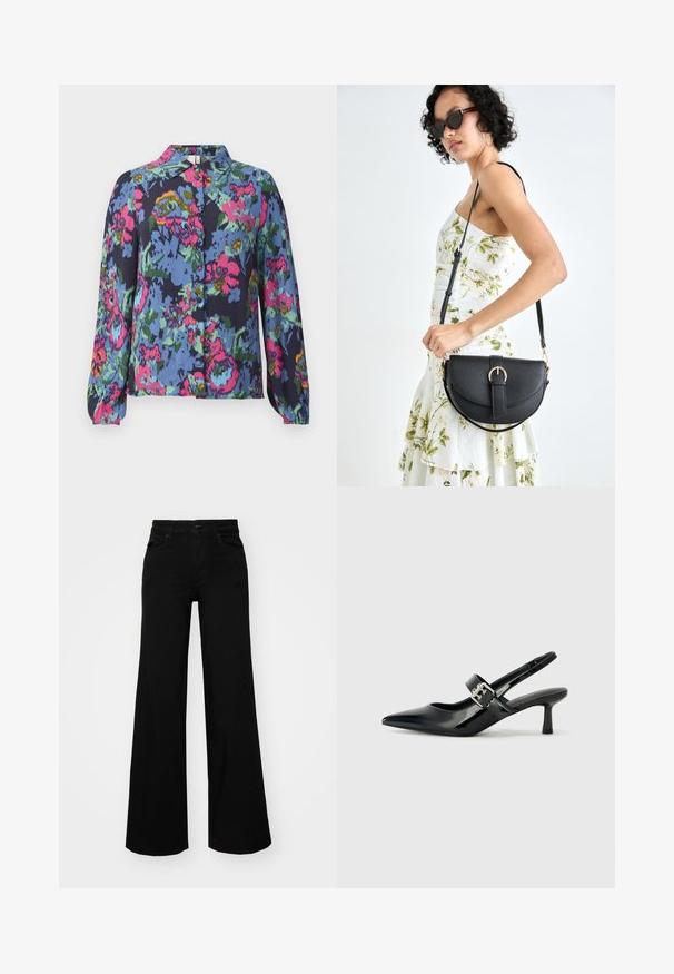 Floral blouse in blue, featuring vibrant pink, green, and yellow patterns. Long sleeves and a button-down front with a collar. Soft fabric texture.; Black wide-leg pants made of denim, featuring a structured waistband, belt loops, and front pockets. Smooth texture with a classic design.; Black patent leather slingback heels with a pointed toe and a small block heel, featuring a silver buckle accent on the strap.; Black leather handbag with a curved shape, detachable strap, and gold hardware. The bag features a flap with a buckle detail.