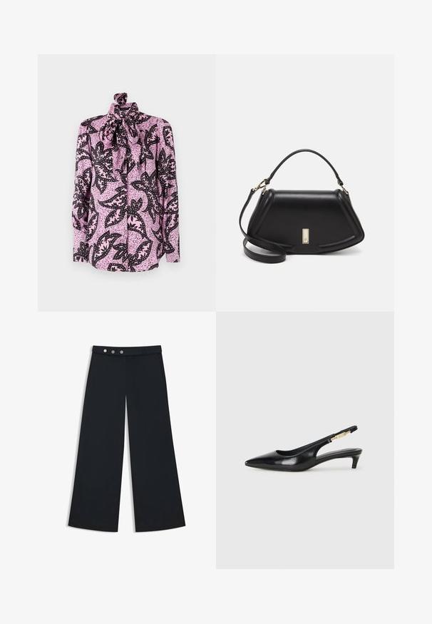 Blusa rosa con un motivo floreale nero e dettagli puntinati, colletto alto e un grande fiocco al collo. Maniche lunghe.; Pantaloni neri a gamba larga con una texture liscia, dotati di una vita piatta, chiusura a doppio bottone e tasche laterali.; Tacchi slingback in pelle nera con punta affusolata, caratterizzati da un tacco alto e un accento dorato sulla cinghia regolabile. Texture liscia.; Borsa a mano in pelle nera con un design strutturato, caratterizzata da una forma corta, manico superiore e accessori in metallo dorato. Inclusa tracolla regolabile.