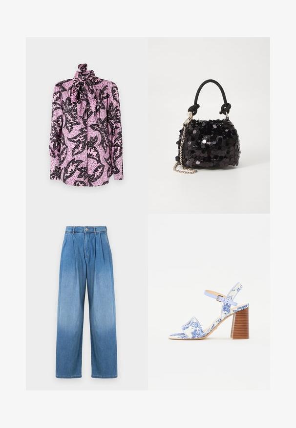 Rosa blus med ett svart blommönster och prickiga detaljer, hög hals och en stor rosett vid kragen. Långa ärmar.; Ljust blå denimbyxor med hög midja, avslappnad vid passform och framfickor. Har knapp- och dragkedjestängning.; Blå blommönstrad sandalett med fyrkantig tå, bred rem och justerbar vristrem, med en texturerad träklack.; Svart paljett mini-handväska med en knuten texturerad rem och silverkedja. Rund form med samlad topp och reflekterande detaljer.