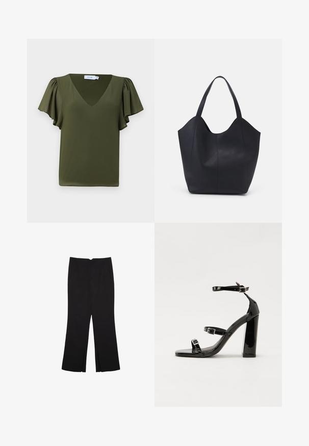 Oliwkowa bluzka z krótkim rękawem w kształcie V, z miękkimi, marszczonymi rękawami oraz gładkim, lekkim materiałem. Brak widocznych wzorów lub akcentów.; Czarne spodnie o prostym kroju, z przednimi kieszeniami i bocznymi rozcięciami na dole. Wykonane z miękkiego, gładkiego materiału. Odpowiednie na różne okazje.; Czarne lakierowane sandały na obcasie z kwadratowym noskiem, z paskami wokół kostki i srebrnymi klamrami. Posiadają masywny słupek dla stabilności.; Czarna torba na ramię wykonana z gładkiej skóry, z zaokrąglonym, otwartym topem i dwoma paskami na ramię oraz minimalistycznym designem.