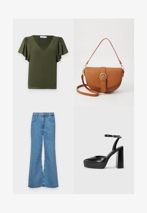 Top de manga curta verde-oliva com decote em V, apresentando mangas suaves e franzidas e um tecido liso e leve. Sem padrões ou acentos visíveis.; Jeans de brim azuis claros, com corte à boca de sino, apresentando uma cintura alta, cinco bolsos e um fecho de botão único. Textura macia com acabamento desbotado.; Saltos altos pretos com bico fino e atilho ajustável no tornozelo. Confeccionados em couro suave, apresentam um salto bloco robusto.; Bolsa transversal de couro castanho com um formato curvado, ferragens douradas e um detalhe de fivela. Inclui uma alça de ombro destacável.