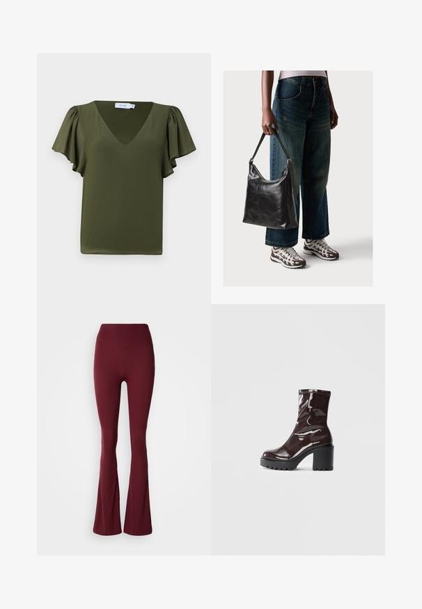 Olivgrünes Kurzarmshirt mit V-Ausschnitt, ausgestattet mit weichen, gerafften Ärmeln und einem glatten, leichten Stoff. Keine sichtbaren Muster oder Akzente.; Hoch taillierte, tiefrote Leggings mit einer engen Oberschenkel- und weit geschnittenen Wadenform auf einem neutralen Hintergrund.; Glatte bordeauxrote Ankle Boots mit einem klobigen schwarzen Absatz, die eine glatte Oberfläche und ein einfaches Design aufweisen. Keine sichtbaren Verschlüsse oder Muster.; Schwarze Leder-Schultertasche mit glatter Textur und verstellbarem Riemen, kombiniert mit ausgewaschenen weit geschnittenen Jeans und sportlichen Sneakern.